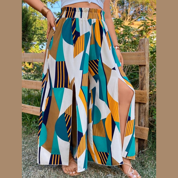 SHEIN Pants - SHEIN Frenchy Geo Print Split Thigh Paper Bag Waist Wide Leg Pants 2X